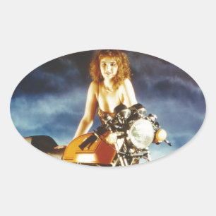 Motorrad-Pin-up-Girl Ovaler Aufkleber