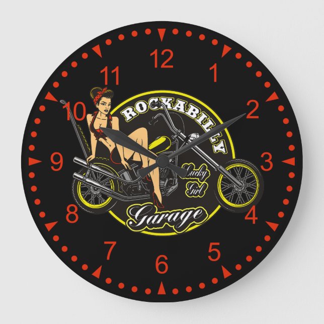 Motorrad Pinup Babe Rockabilly Garage Große Große Wanduhr (Vorderseite)