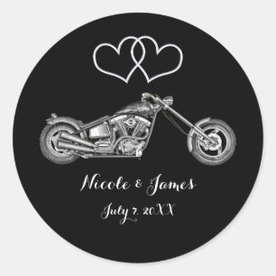 Motorrad & Silber Herzen Biker Hochzeitsgunst Runder Aufkleber
