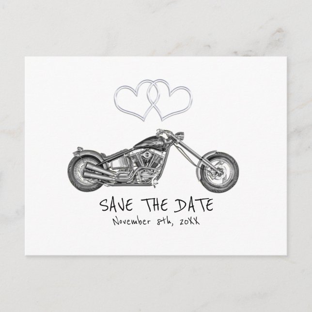 Motorrad und Silberherz Save the Date Ankündigungspostkarte (Vorderseite)