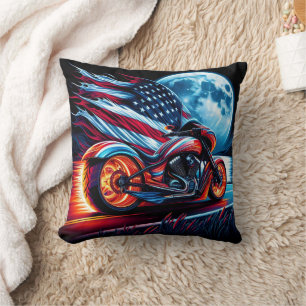 Motorrad unter Vollmond, amerikanische Flagge Kissen