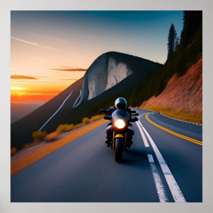 Motorradfahrer auf einer Bergstraße Poster