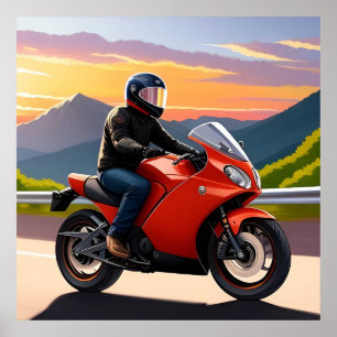 Motorradfahrer auf einer Bergstraße Poster