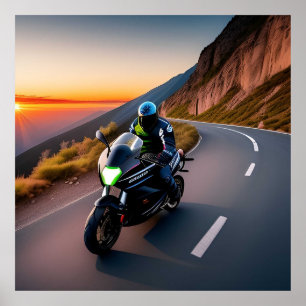 Motorradfahrer auf landschaftlich schöner Bergstra Poster