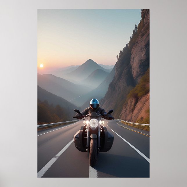 Motorradfahrer fahren durch Landschaftliche Straße Poster (Vorne)