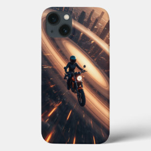 Motorradfahrer fährt durch futuristische Stadt mit Case-Mate iPhone Hülle