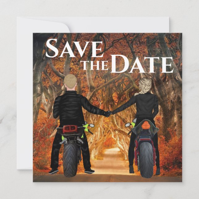 Motorradfahrer-Hochzeit im Herbstwald Save The Date (Vorderseite)