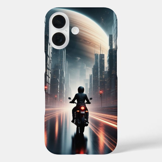 Motorradfahrer in futuristischer Stadt mit Planet iPhone 16 Hülle (Rückseite)
