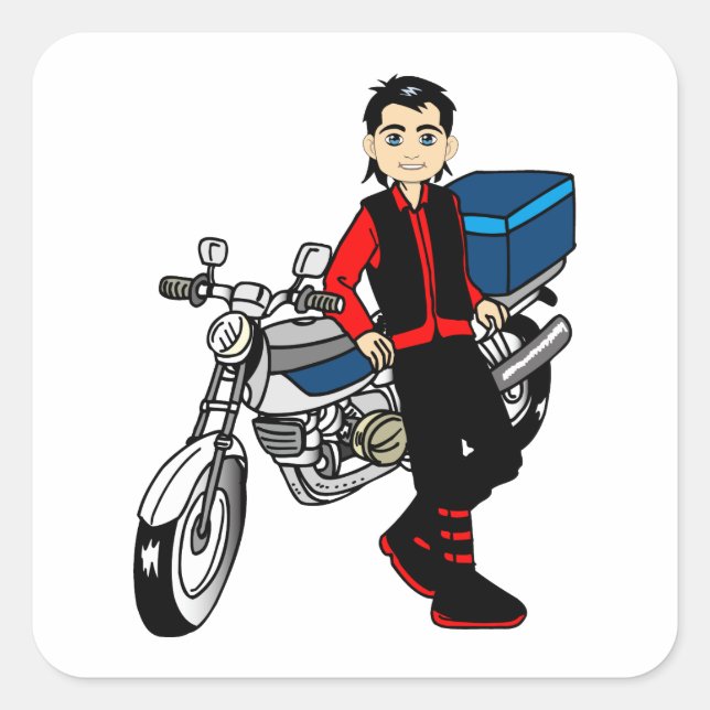 Motorradfahrer Man Boy Biker Cartoon Art Quadratischer Aufkleber (Vorderseite)