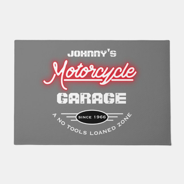 Motorradgarage jeden Namen Red Neon Effekt Grau Fußmatte (Vorderseite)