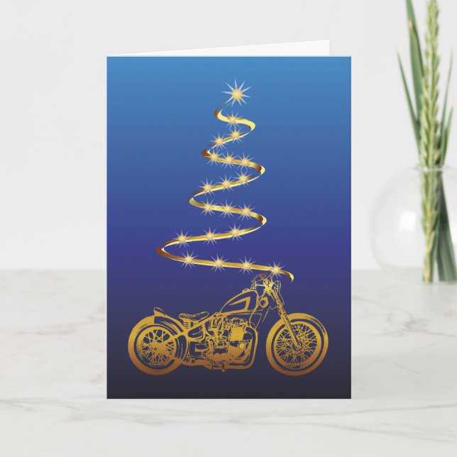 Motorradweihnachtsfest mit goldenem Fahrrad und Ba Karte (Vorderseite)