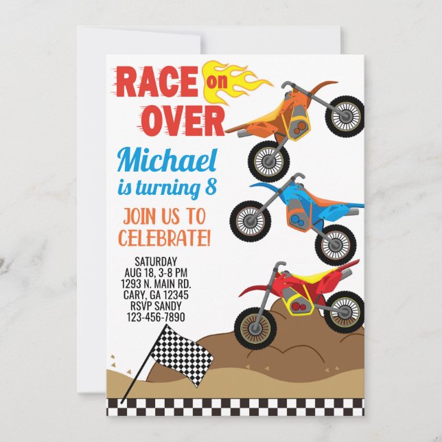 Motos, vtt saleté invitation anniversaire garçon. (Devant)