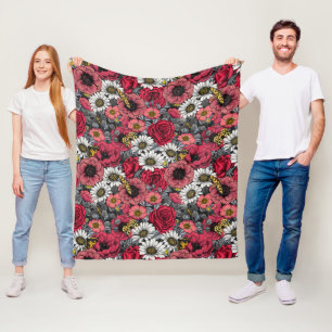 Motten auf Blumenmischung in Rot und Grau Fleecedecke