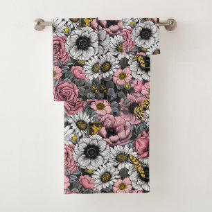 Motten auf der Blume mischen in Rosa und Grau Badhandtuch Set