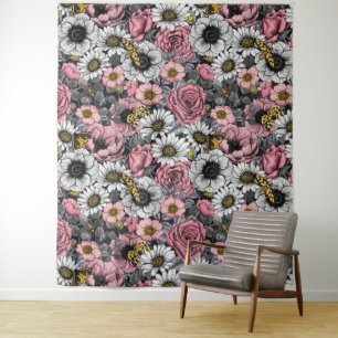 Motten auf der Blume mischen in Rosa und Grau Wandteppich