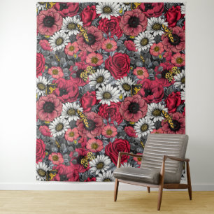 Motten auf der Blume mischen in Rot und Grau Wandteppich