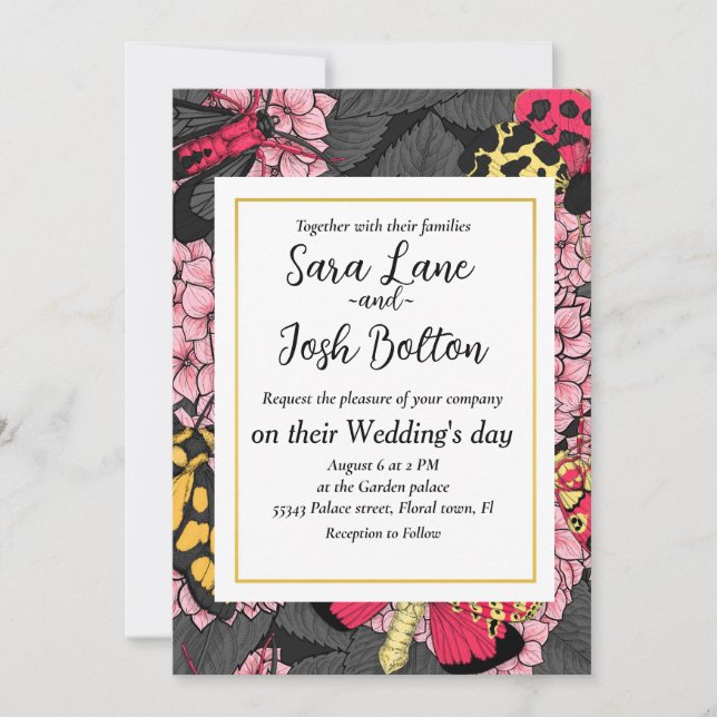 Motten auf rosa Hydrangea Einladung (Vorderseite)