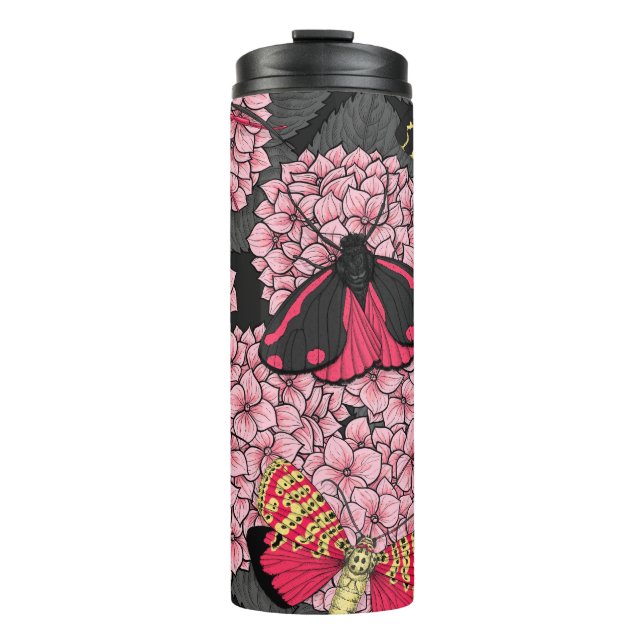 Motten auf rosa Hydrangea Thermosbecher (Vorderseite)