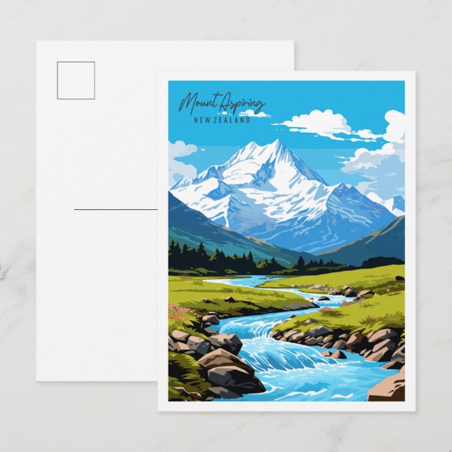 Mount Aspiring Vintage-Darstellung Postkarte (Vorne/Hinten)
