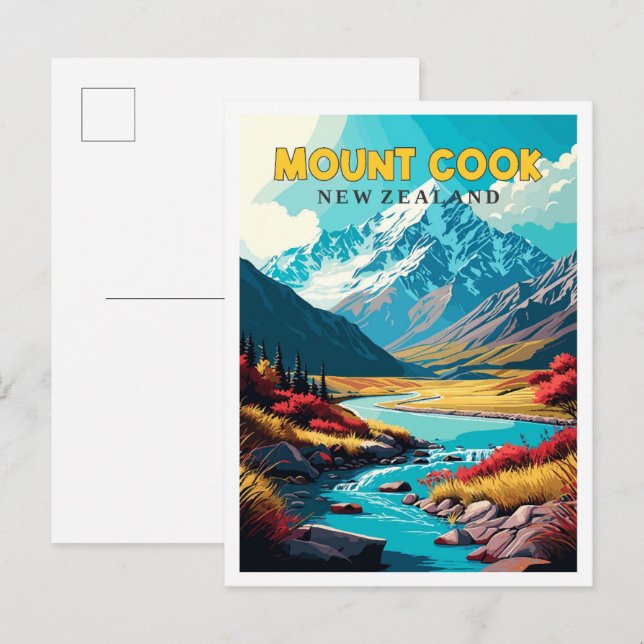Mount Cook Neuseeland Vintage Illustration Postkarte (Vorne/Hinten)
