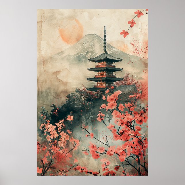 Mount Fuji and Pagoda – Classic Japanese Landscape Poster (Vorne)
