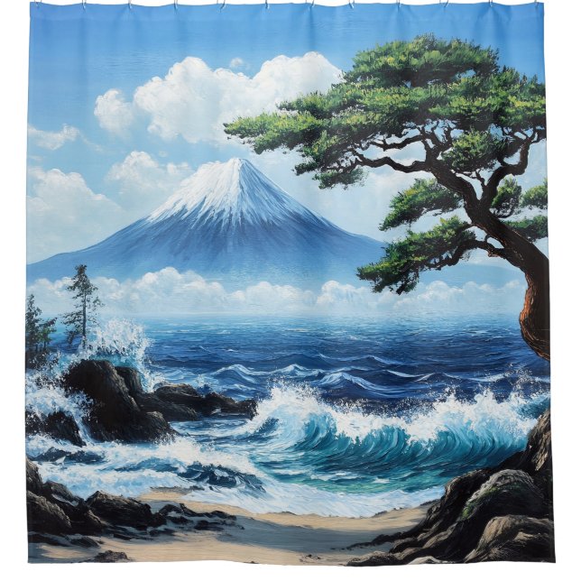 Mount Fuji Japan Ocean View Gemälde Duschvorhang (Vorderseite)
