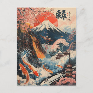 Mount Fuji Kirschblüten Koi-Fische Japanische Kuns Postkarte