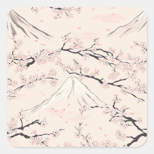 Mount Fuji mit Kirschblüten – Japanisch Quadratischer Aufkleber
