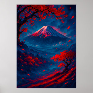 Mount Fuji mit roten Blüten Fantasie Japanisch Poster