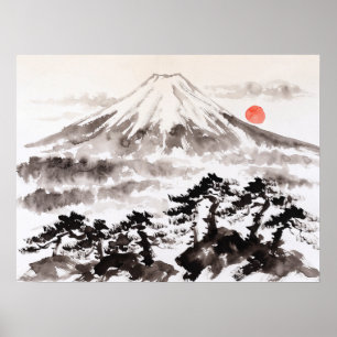 Mount Fuji Neblige Kiefern Rote Sonne Sumi-e-Tusch Poster