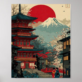 Mount Fuji & Red Pagoda Poster – Japanese Sunrise 