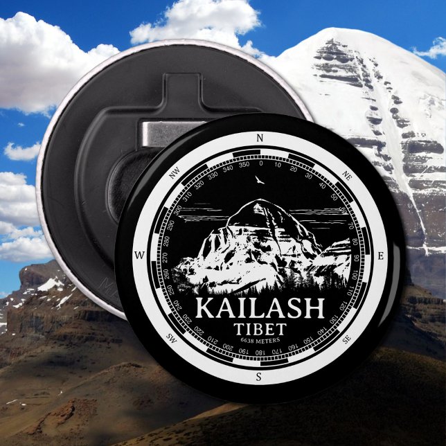 Mount Kailash - Gang Rinpoche Tibet Flaschenöffner (Mount Kailash - Gang Rinpoche Bottle Opener in Back with a white compass and mountain illustration)