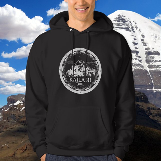 Mount Kailash - Gang Rinpoche Tibet Hoodie (Mount Kailash - Gang Rinpoche Hoodie in Back with a white compass and mountain illustration)
