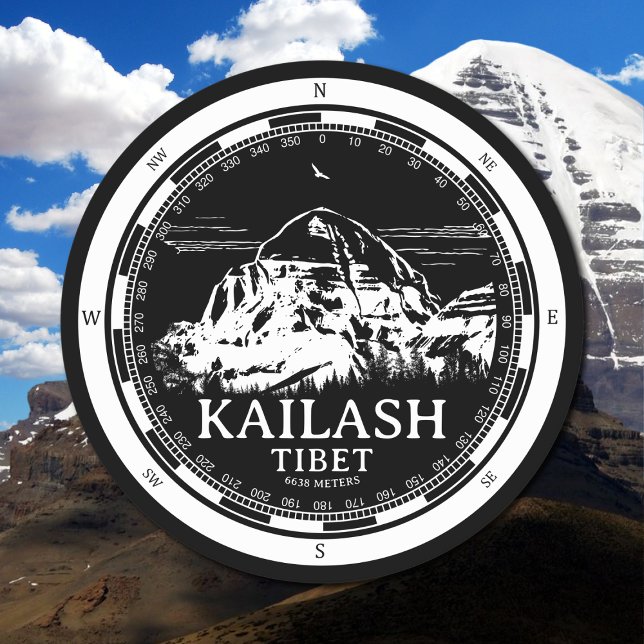Mount Kailash - Gang Rinpoche Tibet Runder Pappuntersetzer (Mount Kailash - Gang Rinpoche Coaser in Back with a white compass and mountain illustration)