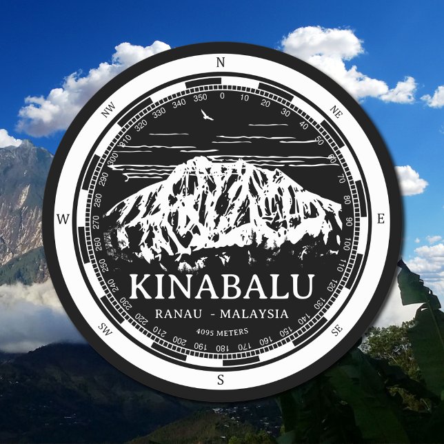 Mount Kinabalu - Ranau Malaysia Sabah Illustration Runder Pappuntersetzer (Mount Kinabalu Malaysia Coaster in Back with a white compass and mountain illustration)