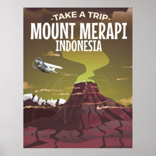 Mount Merapi Indonesien Vintage-Cartoonposter Poster