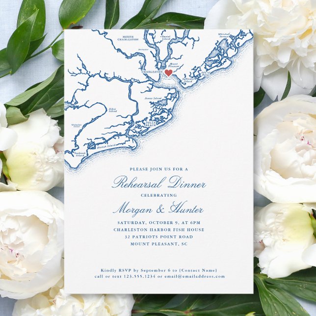 Mount Pleasant Navy Blue Hochzeit Probe Dinner Einladung (Mount Pleasant SC Map Wedding Rehearsal Dinner Invitation in Elegant Navy Blue - Coastal Map Designs)