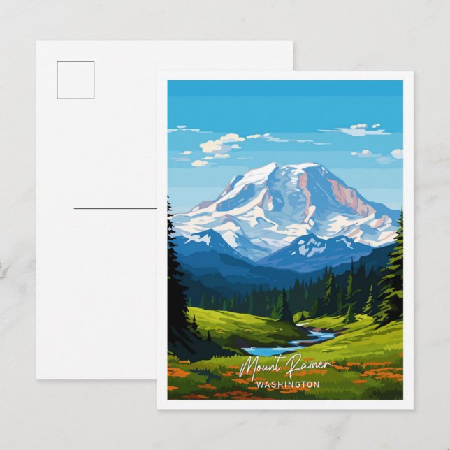 Mount Rainer Washington Art Travel Illustration Postkarte (Vorne/Hinten)