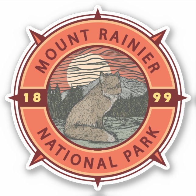 Mount Rainier Nationalpark Red Fox Retro Kompass Aufkleber (Vorderseite)