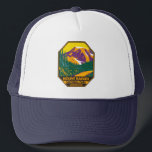 Mount Rainier Nationalpark Washington Retro Truckerkappe<br><div class="desc">Mount Rainier Vektorgrafik Design. Der Park ist von Tälern, Wasserfällen und subalpinen Wiesen umgeben.</div>