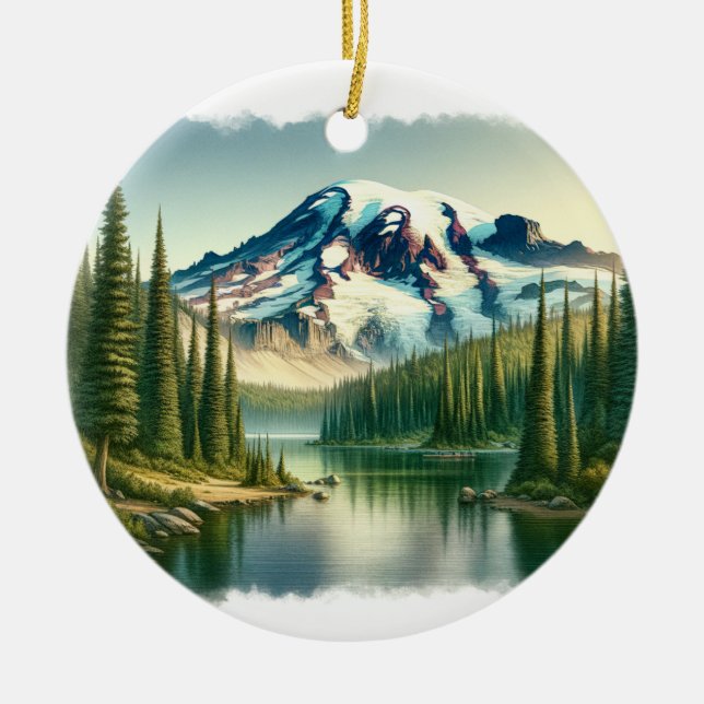 Mount Rainier Nationalpark Wasserfarbe Keramik Ornament (Vorne)