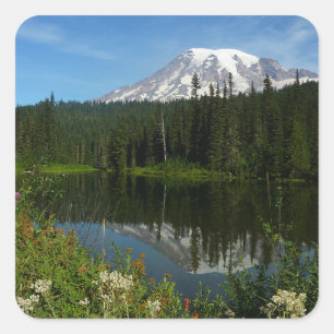 Mount Rainier Seereflektion mit Wildblumen Quadratischer Aufkleber