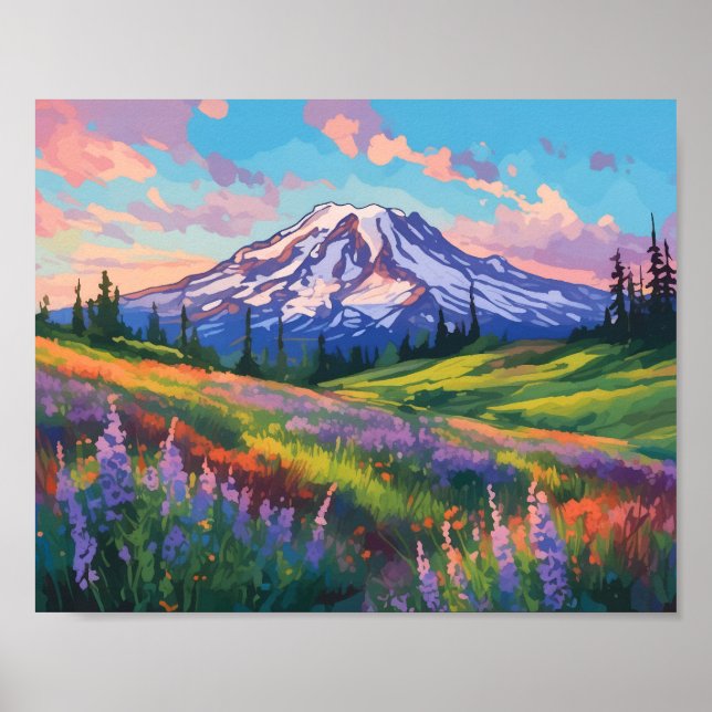 Mount Rainier Washington Watercolor Art Poster (Vorne)