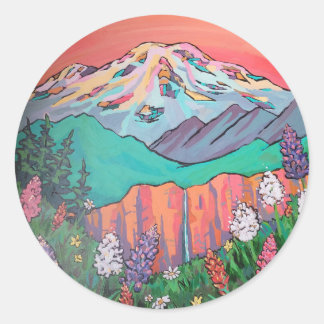 Mount Rainier Wildflower Wasserfall Gemälde  Runder Aufkleber