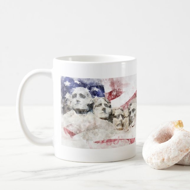 Mount Rushmore mit amerikanischer Flagge schwänzt Kaffeetasse (Mit Donut)