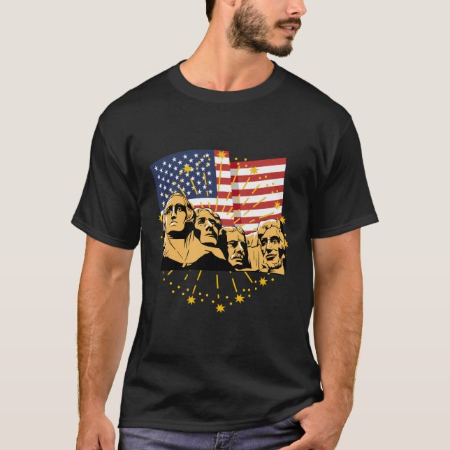 Mount Rushmore US Präsidenten Amerika Flag Feuerwe T-Shirt (Vorderseite)