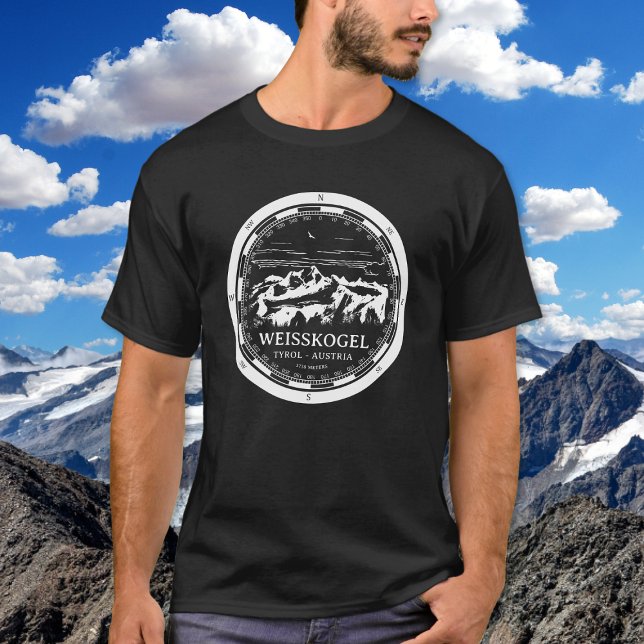 Mount Weißkogel - Tirol Österreich Alpen T-Shirt (Mount Weisskogel T-Shirt in Back with a white compass and mountain illustration)