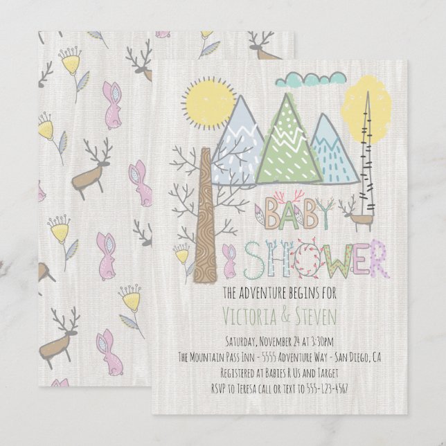 Mountain Adventure Baby Dusche Wasserfarbenwald Einladung (Vorne/Hinten)