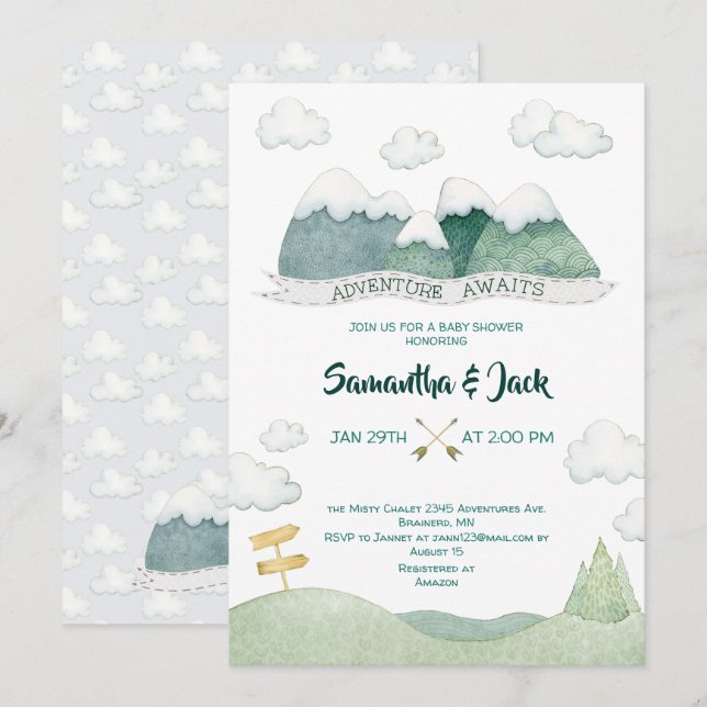 Mountain Adventures Babydusche Einladung (Vorne/Hinten)
