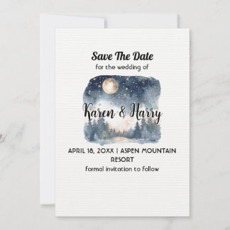 Mountain Blue Pine Moon Star Save the Date Hochzei Einladung
